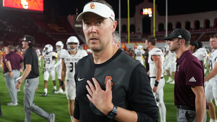 Aug 30, 2025; Los Angeles, California, USA; Southern California Trojans head coach Lincoln Riley reacts after the game against the Missouri State Bears at United Airlines Field at Los Angeles Memorial Coliseum. Mandatory Credit: Kirby Lee-Imagn Images Aug 30, 2025; Los Angeles, California, USA; Southern California Trojans head coach Lincoln Riley reacts after the game against the Missouri State Bears at United Airlines Field at Los Angeles Memorial Coliseum. Mandatory Credit: Kirby Lee-Imagn Images