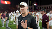 Aug 30, 2025; Los Angeles, California, USA; Southern California Trojans head coach Lincoln Riley reacts after the game against the Missouri State Bears at United Airlines Field at Los Angeles Memorial Coliseum. Mandatory Credit: Kirby Lee-Imagn Images