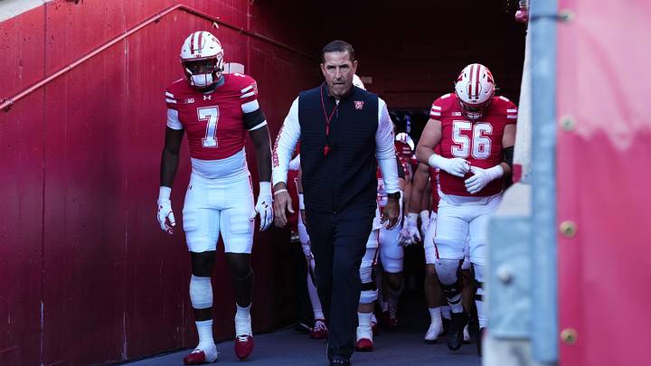 Oct 11, 2025; Madison, Wisconsin, USA; Wisconsin Badgers head coach Luke Fickell leads his team out of the tunnel at Camp Randall Stadium. Mandatory Credit: Ross Harried-Imagn Images
