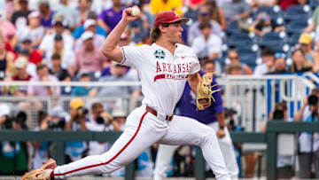 Jun 14, 2025; Omaha, Neb, USA; Arkansas Razorbacks pitcher Gabe Gaeckle (20) pitches against the LSU Tigers during the second inning at Charles Schwab Field. Mandatory Credit: Dylan Widger-Imagn Images