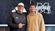 Mississippi State Bulldogs coach Jeff Lebby and new 2026 quarterback commit Brodie McWhorter during a recruiting visit in April