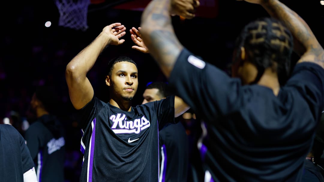 Oct 8, 2025; Sacramento, California, USA; Sacramento Kings forward Keegan Murray (13) during player introductions before the game against the Toronto Raptors at Golden 1 Center. Mandatory Credit: Sergio Estrada-Imagn Images