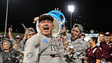 Jun 9, 2024; College Station, TX, USA; Texas A&M head coach Jim Schlossnagle celebrates after sweeping Oregon in the Bryan-College Station Super Regional series at Olsen Field, Blue Bell Park Mandatory Credit: Maria Lysaker-USA TODAY Sports