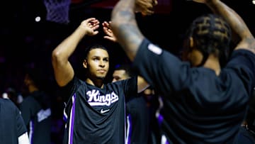 Oct 8, 2025; Sacramento, California, USA; Sacramento Kings forward Keegan Murray (13) during player introductions before the game against the Toronto Raptors at Golden 1 Center. Mandatory Credit: Sergio Estrada-Imagn Images