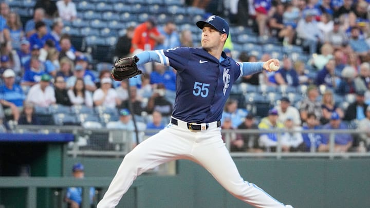 Kansas City Royals starting pitcher Cole Ragans (55) delivers a pitch against the Minnesota Twins during the first inning at Kauffman Stadium on Sept 6.