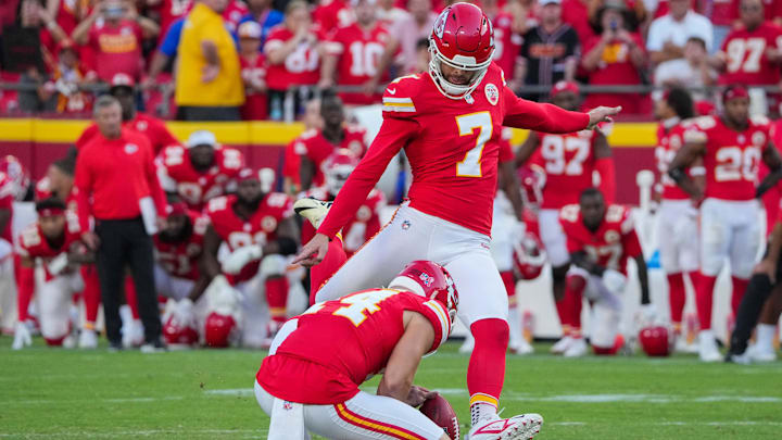 Kansas City Chiefs kicker Harrison Butker kicks a field goal.