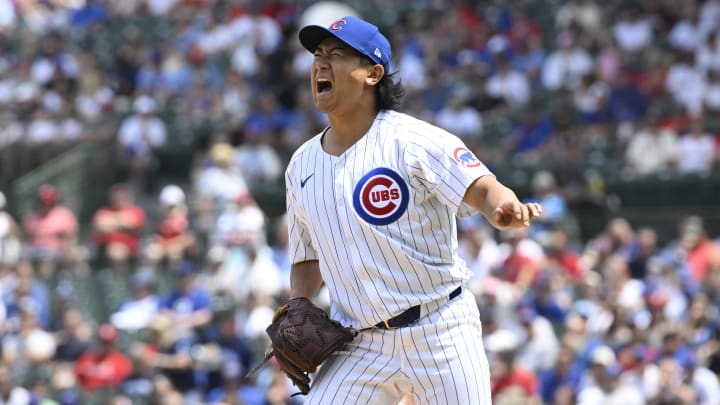 Jun 15, 2024; Chicago, Illinois, USA;  Chicago Cubs pitcher Shota Imanaga (18) reacts after he delivers a pitch during the first inning against the St. Louis Cardinals at Wrigley Field. Mandatory Credit: Matt Marton-USA TODAY Sports