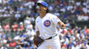Cubs pitcher Shota Imanaga reacts after delivering a pitch during the first inning against the St. Louis Cardinals at Wrigley Field.
