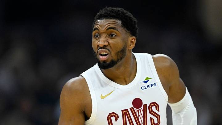 Apr 29, 2026; Cleveland, Ohio, USA; Cleveland Cavaliers guard Donovan Mitchell (45) reacts against the Toronto Raptors in the first quarter of game five of the first round of the 2026 NBA Playoffs at Rocket Arena. Mandatory Credit: David Richard-Imagn Images