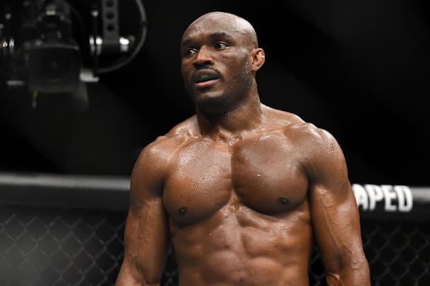 Kamaru Usman reacts during his fight with Leon Edwards (not pictured) during UFC 286 at O2 Arena. 