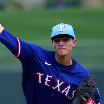 Mar 8, 2024; Surprise, Arizona, USA; Texas Rangers starting pitcher Jack Leiter (71) pitches against the Kansas City Royals during the first inning at Surprise Stadium. Mandatory Credit: Joe Camporeale-USA TODAY Sports