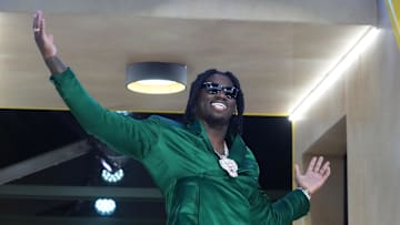 Apr 24, 2025; Green Bay, WI, USA;  Texas A&M Aggies defensive end Shemar Stewart is introduced before the first round of the 2025 NFL Draft at Lambeau Field. Mandatory Credit: Kirby Lee-Imagn Images