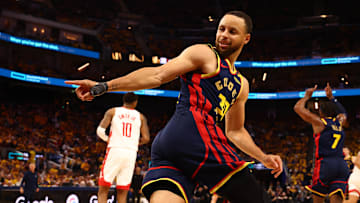 Apr 28, 2025; San Francisco, California, USA; Golden State Warriors guard Stephen Curry (30) looks over his shoulder after scoring a basket against the Houston Rockets during the third quarter of game four of the 2025 NBA Playoffs first round at Chase Center. Mandatory Credit: Kelley L Cox-Imagn Images