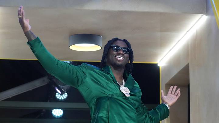 Apr 24, 2025; Green Bay, WI, USA;  Texas A&M Aggies defensive end Shemar Stewart is introduced before the first round of the 2025 NFL Draft at Lambeau Field. Mandatory Credit: Kirby Lee-Imagn Images