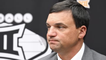 West Virginia Mountaineers head coach Neal Brown speaks to the media during the Big 12 Media Days at Allegiant Stadium.