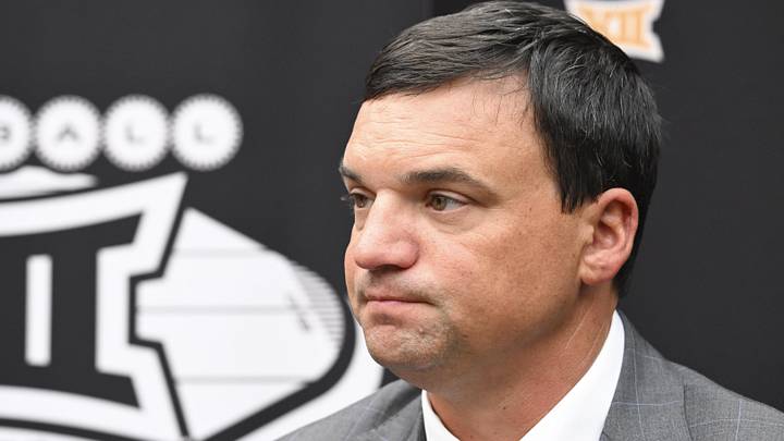 West Virginia Mountaineers head coach Neal Brown speaks to the media during the Big 12 Media Days at Allegiant Stadium.