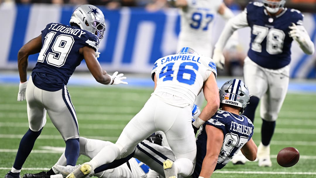 Dec 4, 2025; Detroit, Michigan, USA; Detroit Lions linebacker Jack Campbell (46) causes Dallas Cowboys tight end Jake Ferguson (87) to fumble during the first half at Ford Field. Mandatory Credit: Lon Horwedel-Imagn Images Dec 4, 2025; Detroit, Michigan, USA; Detroit Lions linebacker Jack Campbell (46) causes Dallas Cowboys tight end Jake Ferguson (87) to fumble during the first half at Ford Field. Mandatory Credit: Lon Horwedel-Imagn Images
