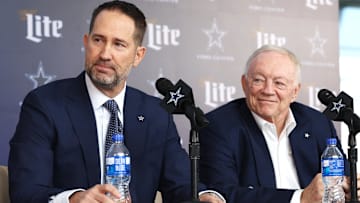 Jan 27, 2025; Frisco, TX, USA;   Dallas Cowboys Head Coach Brian Schottenheimer and owner Jerry Jones speak to the media at a press conference at the Star.  Mandatory Credit: Tim Heitman-Imagn Images