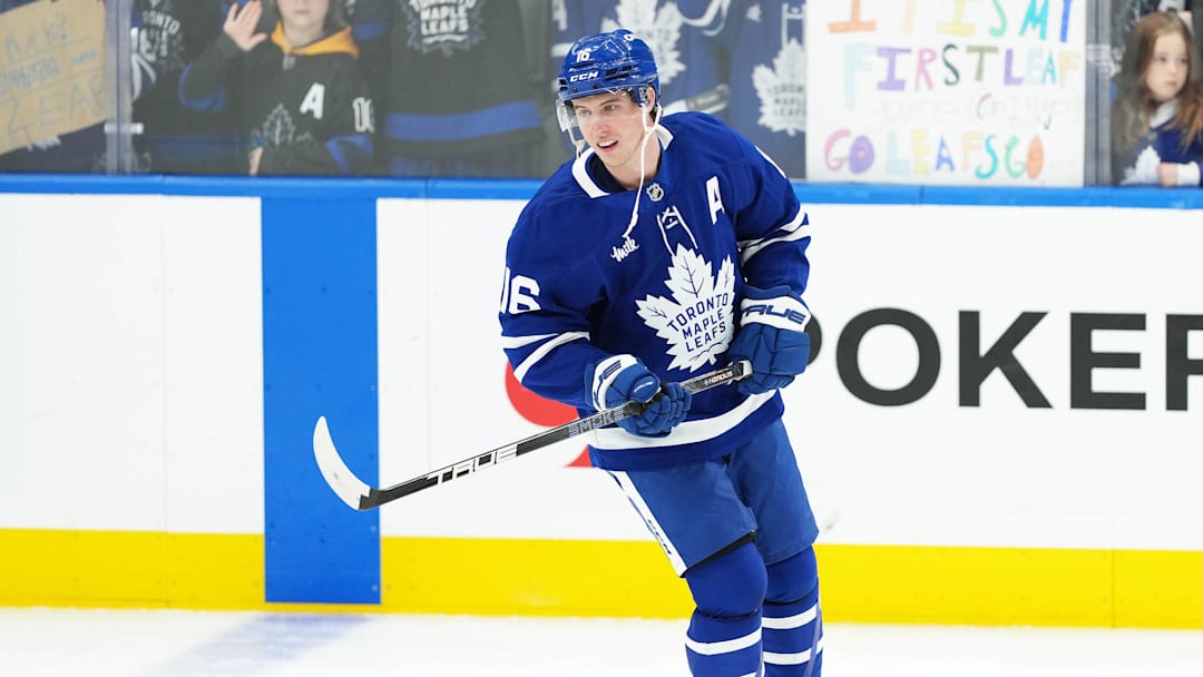 Apr 5, 2025; Toronto, Ontario, CAN; Toronto Maple Leafs right wing Mitch Marner (16) skates during the warmup before game against the Columbus Blue Jackets at Scotiabank Arena. Mandatory Credit: Nick Turchiaro-Imagn Images