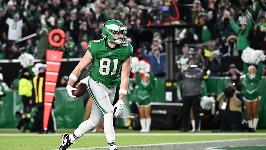 Jan 4, 2026; Philadelphia, Pennsylvania, USA; Philadelphia Eagles tight end Grant Calcaterra (81) celebrates after scoring a touchdown during the second quarter against the Washington Commanders  at Lincoln Financial Field. 