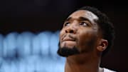 May 4, 2025; Cleveland, Ohio, USA; Cleveland Cavaliers guard Donovan Mitchell (45) reacts during the second half against the Indiana Pacers in game one of the second round for the 2025 NBA Playoffs at Rocket Arena. Mandatory Credit: Ken Blaze-Imagn Images
