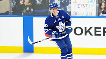 Apr 5, 2025; Toronto, Ontario, CAN; Toronto Maple Leafs right wing Mitch Marner (16) skates during the warmup before game against the Columbus Blue Jackets at Scotiabank Arena. Mandatory Credit: Nick Turchiaro-Imagn Images