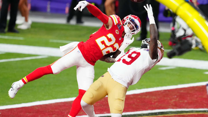 Feb 11, 2024; Paradise, Nevada, USA; Kansas City Chiefs cornerback Trent McDuffie (22) breaks up a pass intended for San Francisco 49ers wide receiver Deebo Samuel (19) in the first quarter in Super Bowl LVIII at Allegiant Stadium. Mandatory Credit: Stephen R. Sylvanie-USA TODAY Sports