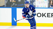 Apr 5, 2025; Toronto, Ontario, CAN; Toronto Maple Leafs right wing Mitch Marner (16) skates during the warmup before game against the Columbus Blue Jackets at Scotiabank Arena. Mandatory Credit: Nick Turchiaro-Imagn Images