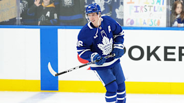 Apr 5, 2025; Toronto, Ontario, CAN; Toronto Maple Leafs right wing Mitch Marner (16) skates during the warmup before game against the Columbus Blue Jackets at Scotiabank Arena. Mandatory Credit: Nick Turchiaro-Imagn Images