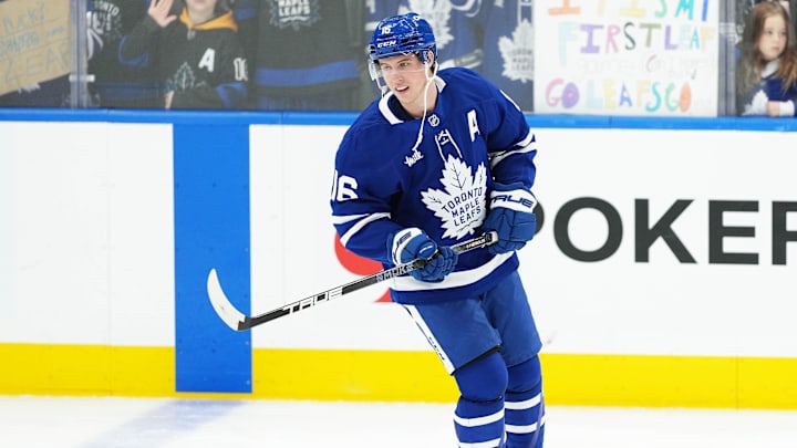 Apr 5, 2025; Toronto, Ontario, CAN; Toronto Maple Leafs right wing Mitch Marner (16) skates during the warmup before game against the Columbus Blue Jackets at Scotiabank Arena. Mandatory Credit: Nick Turchiaro-Imagn Images