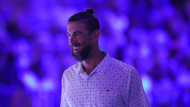 Michael Phelps smiles, Saturday, June 22, 2024, during the eighth day of the U.S. Olympic Team Swimming Trials at Lucas Oil Stadium in Indianapolis.