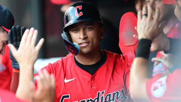 Jun 19, 2024; Cleveland, Ohio, USA; Cleveland Guardians catcher Bo Naylor (23) celebrates after scoring during the second inning against the Seattle Mariners at Progressive Field. Mandatory Credit: Ken Blaze-USA TODAY Sports