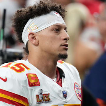 Kansas City Chiefs quarterback Patrick Mahomes takes the field before Super Bowl LIX against the Philadelphia Eagles.