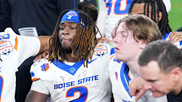 Dec 31, 2024; Glendale, AZ, USA;  Boise State Broncos running back Ashton Jeanty (2) reacts after the Fiesta Bowl at State Farm Stadium. Mandatory Credit: Joe Camporeale-Imagn Images