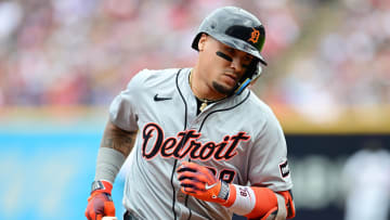 Jul 25, 2024; Cleveland, Ohio, USA; Detroit Tigers shortstop Javier Baez (28) rounds the bases after hitting a home run during the second inning against the Cleveland Guardians at Progressive Field. 