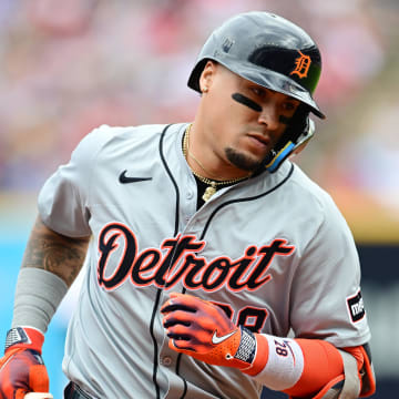 Detroit Tigers shortstop Javier Baez (28) rounds the bases after hitting a home run during the second inning against the Cleveland Guardians at Progressive Field on July 25.