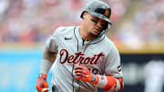Jul 25, 2024; Cleveland, Ohio, USA; Detroit Tigers shortstop Javier Baez (28) rounds the bases after hitting a home run during the second inning against the Cleveland Guardians at Progressive Field. 