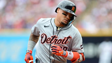 Jul 25, 2024; Cleveland, Ohio, USA; Detroit Tigers shortstop Javier Baez (28) rounds the bases after hitting a home run during the second inning against the Cleveland Guardians at Progressive Field. 