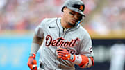 Javier Baez (28) rounds the bases after hitting a home run for the Detroit Tigers against the Cleveland Guardians at Progressive Field. 