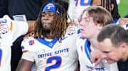 Dec 31, 2024; Glendale, AZ, USA;  Boise State Broncos running back Ashton Jeanty (2) reacts after the Fiesta Bowl at State Farm Stadium. Mandatory Credit: Joe Camporeale-Imagn Images