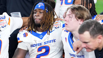 Dec 31, 2024; Glendale, AZ, USA;  Boise State Broncos running back Ashton Jeanty (2) reacts after the Fiesta Bowl at State Farm Stadium. Mandatory Credit: Joe Camporeale-Imagn Images