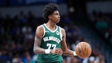 Milwaukee Bucks guard AJ Johnson dribbles during the second half against the Dallas Mavericks at American Airlines Center on October 17, 2024.