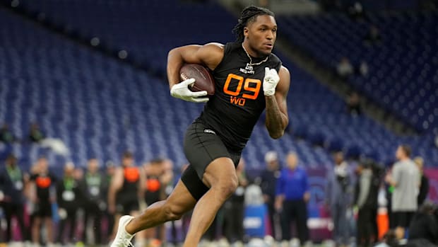 Mar 1, 2025; Indianapolis, IN, USA; Missouri wideout Luther Burden III (WO09) during the 2025 NFL Combine at Lucas Oil Stadiu