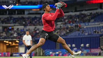 Mar 4, 2023; Indianapolis, IN, USA; North Carolina wide receiver Josh Downs (WO14) participates in