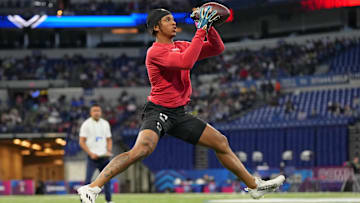 Mar 4, 2023; Indianapolis, IN, USA; North Carolina wide receiver Josh Downs (WO14) participates in