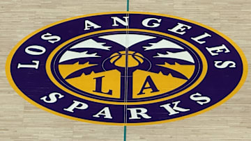 May 25, 2023; Los Angeles, California, USA; A general overall view of the LA Sparks logo at center court at Crypto.com Arena. Mandatory Credit: Kirby Lee-Imagn Images