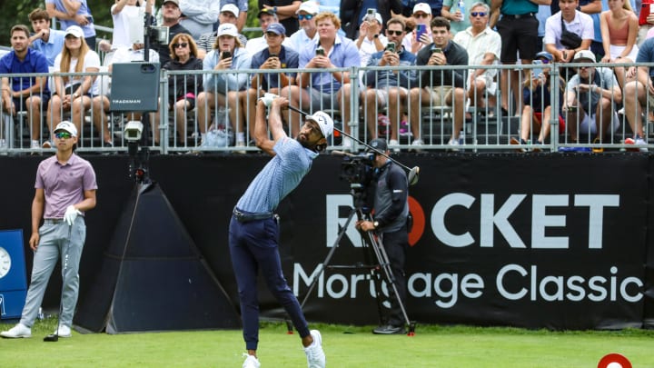 PGA golfer Akshay Bhatia hits the ball from the first tee, during round one of the Rocket Mortgage Classic at the Detroit Golf Club in Detroit on Thursday, June 27, 2024.