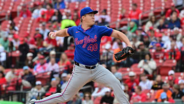 May 4, 2025; St. Louis, Missouri, USA; New York Mets pitcher Blade Tidwell (40) makes his debut pitching appearance against the St. Louis Cardinals at Busch Stadium. Mandatory Credit: Tim Vizer-Imagn Images