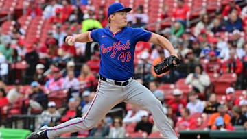 May 4, 2025; St. Louis, Missouri, USA; New York Mets pitcher Blade Tidwell (40) makes his debut pitching appearance against the St. Louis Cardinals at Busch Stadium. Mandatory Credit: Tim Vizer-Imagn Images