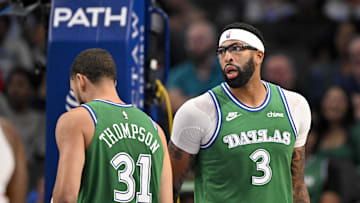 Oct 26, 2025; Dallas, Texas, USA; Dallas Mavericks guard Klay Thompson (31) and forward Anthony Davis (3) look on during the game between the Mavericks and the Raptors at the American Airlines Center. Mandatory Credit: Jerome Miron-Imagn Images